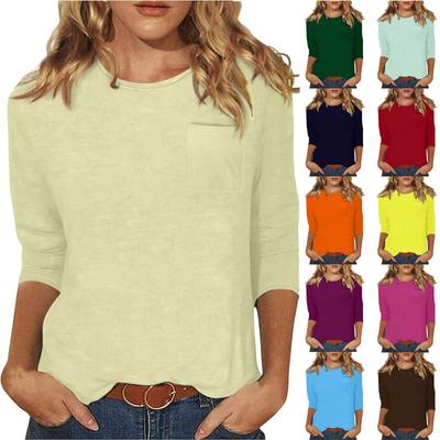 Women's  Casual O-Neck Three Quarter Sleeve Solid Color Top With Pockets