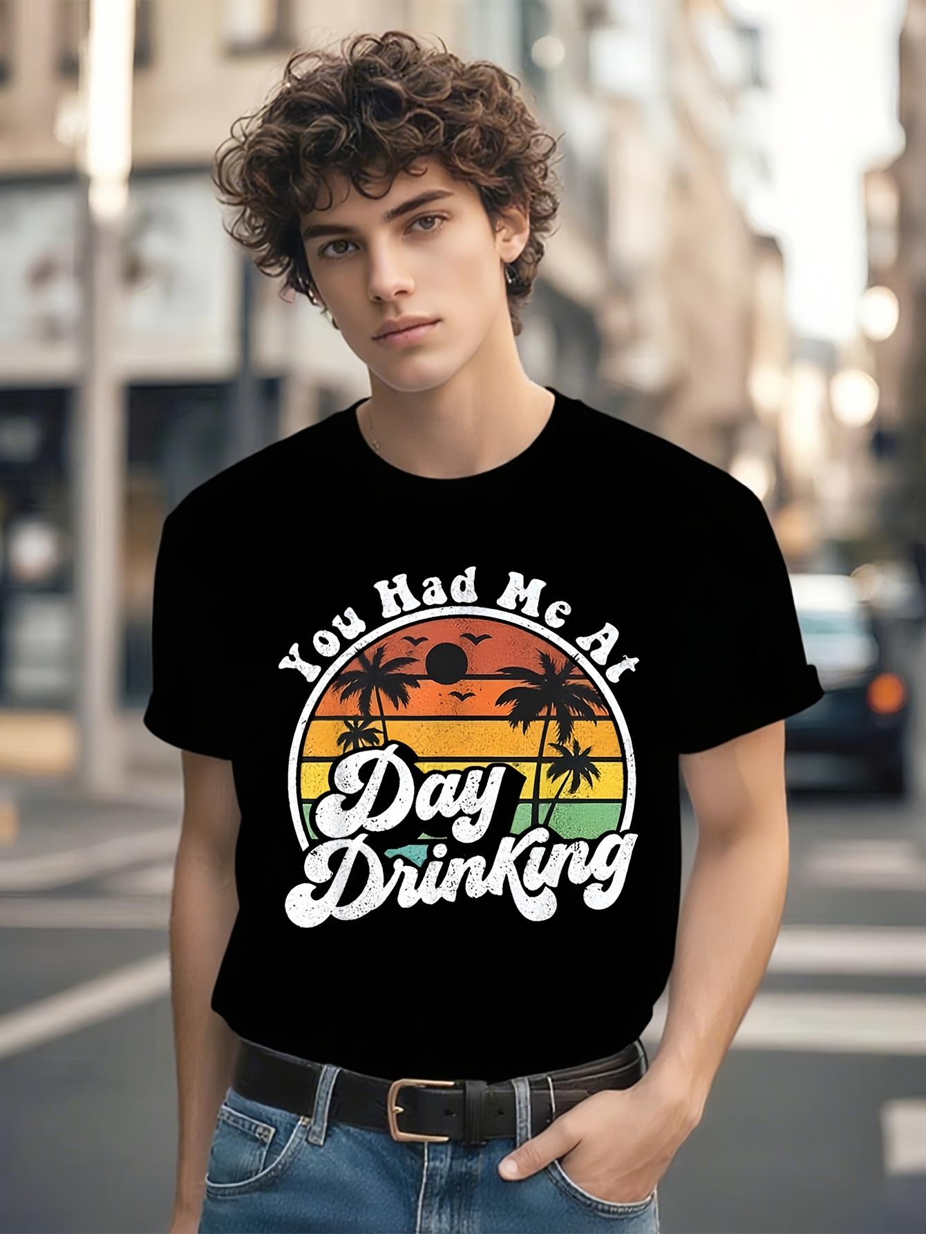Casual Short Sleeve T-shirt - You Had Me at Day Drinking Beach & Alcohol Graphic Tee with Tropical Sunset Design S