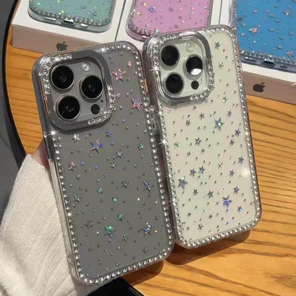 Shiny Glitter Star Rhinestone Shell Pattern Phone Case For iPhone 17 Air 16 15 14 13 12 11 Pro Max 14 Plus Soft Shockproof Cover
