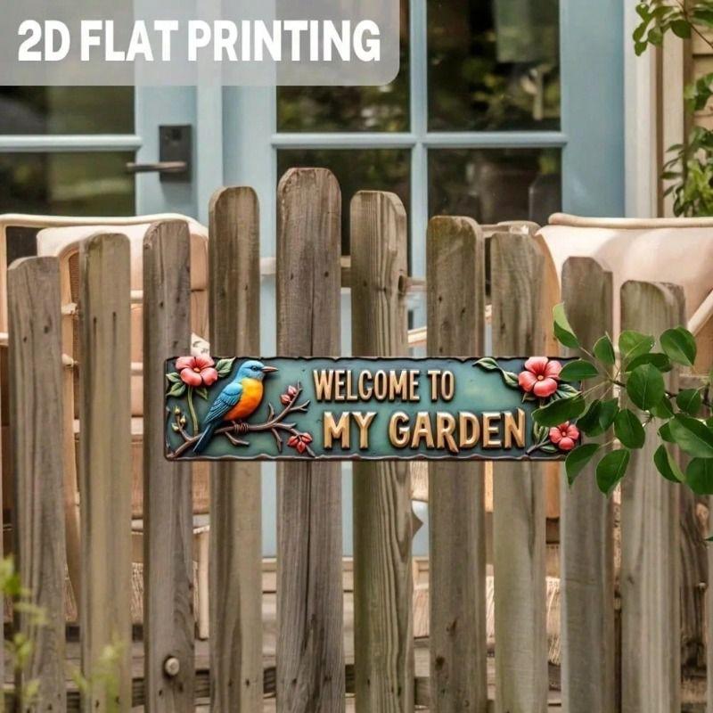 Tin Sign Wall Art, 2D Direct Print, Rusty Metal Welcome to My Garden with Birds and Flowers, Outdoor Wall Decor