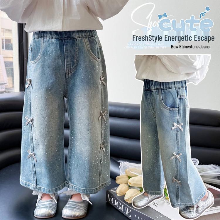 Girls' 2026 Spring Rhinestone Star Denim Jeans - Drapey Straight-Leg Casual Pants