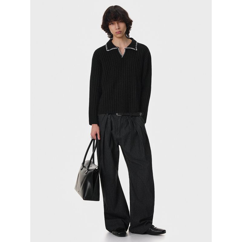 Blaexit Hand-Stitched Old Money Style Black V-Neck Striped Knit Sweater for Men, Early Autumn Regular Shoulder Long-Sleeve T-Shirt