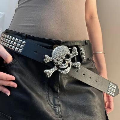Gothic Skull Rhinestone Buckle Belt - Stylish Subculture Punk Rivet Hip-Hop Rock Y2K Belts Accessory Casual Daily ,For Men Women
