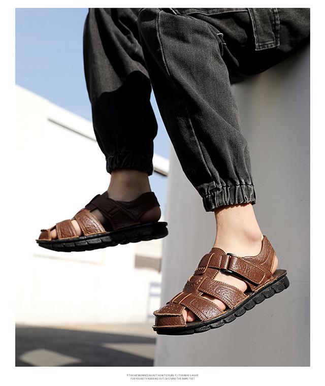 Men's Soft Leather Sandals: Summer Breathable, Non-Slip, Hollowed-Out, Soft Sole Beach Slippers for Students & Middle-Aged Dads