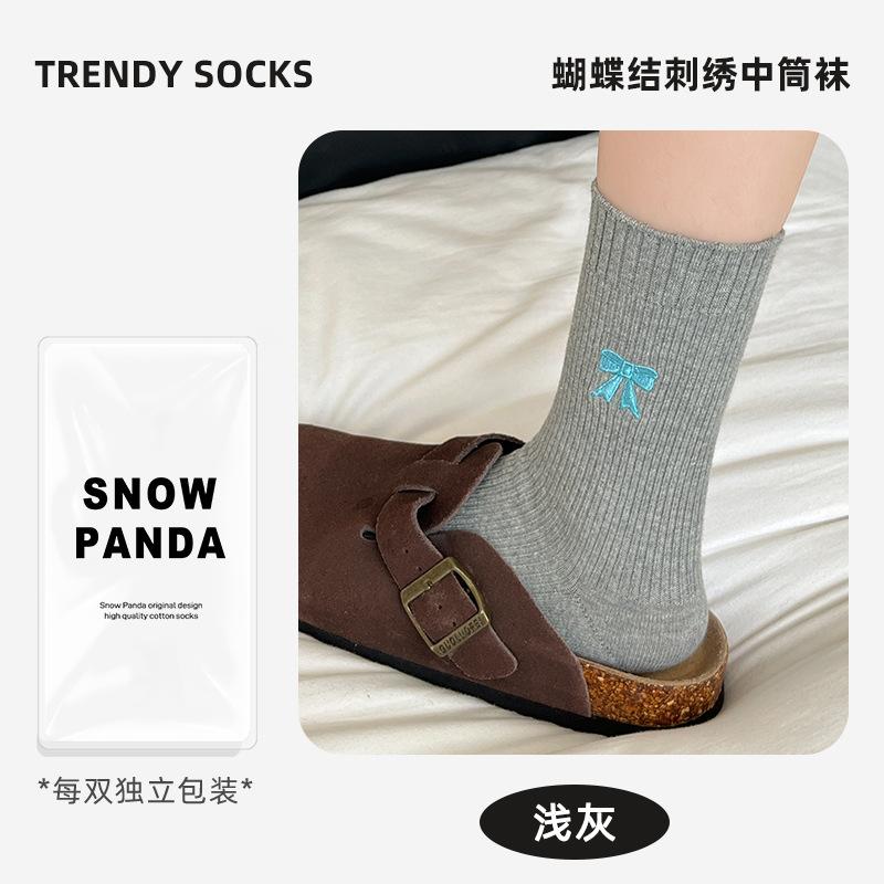 Bow Socks Women'S Autumn Korean Wind Cotton Socks Retro Medium Tube Socks Solid Color Women'S Socks Medium Tube Stacking Socks