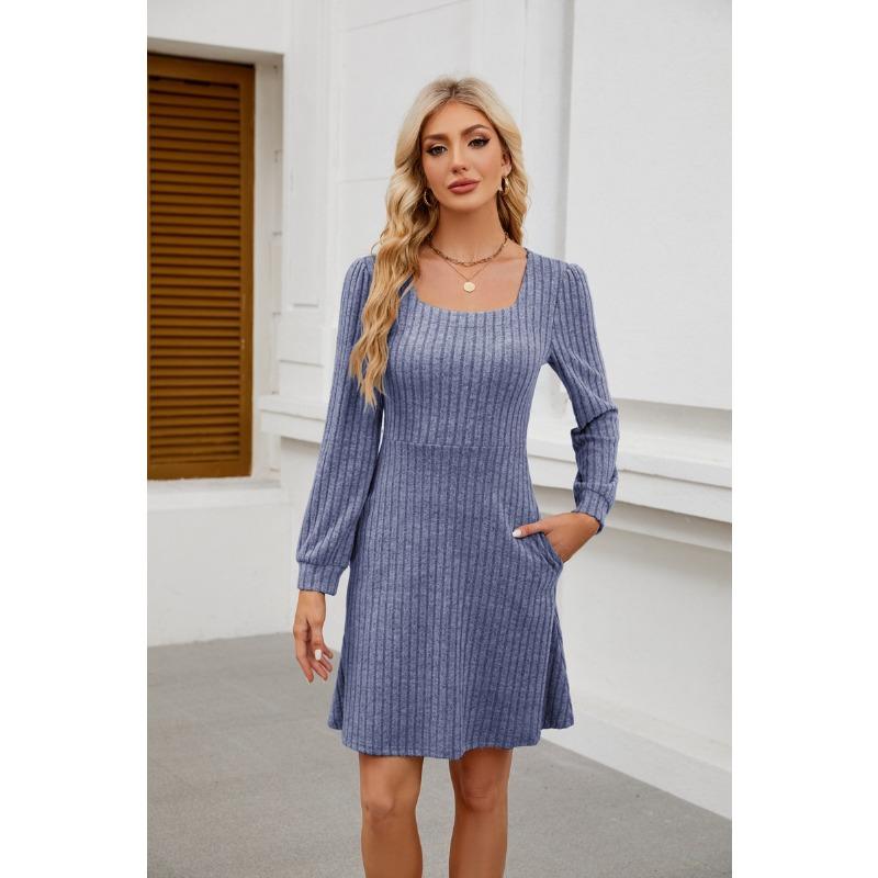 Summer New Product Square Neckline Bag Knitted Sweater Long-sleeved Casual Dress Female YDJR6666