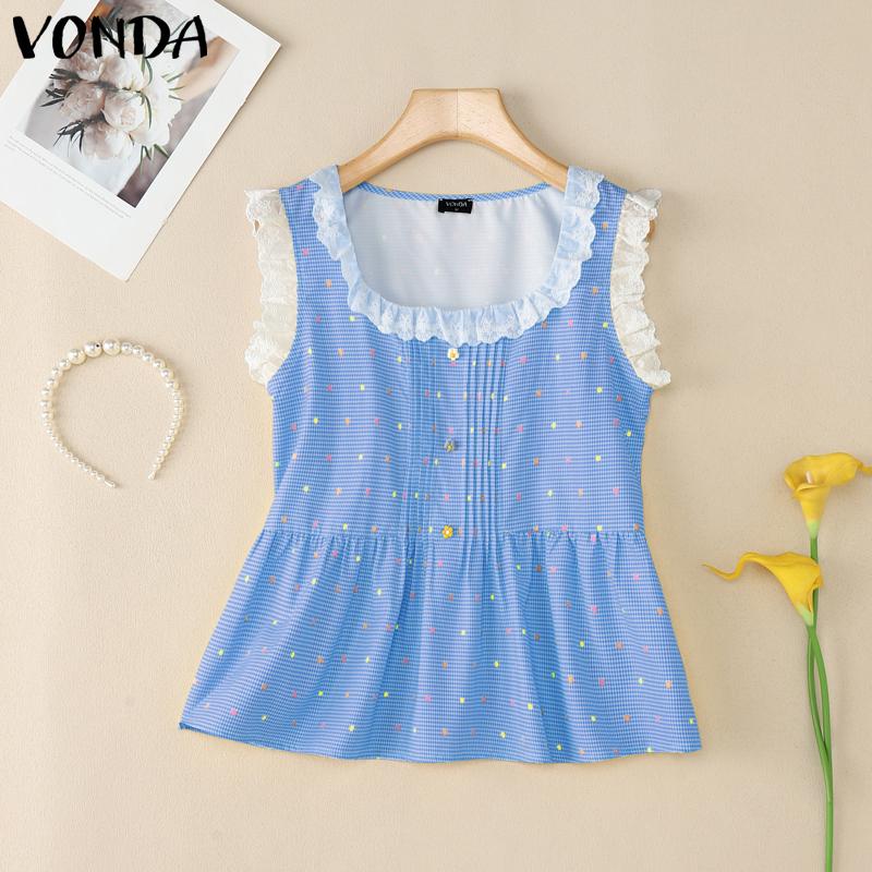

VONDA Women Lace Patchwork Sleeveless Plaid Polka Dots Casual Tank Tops 2XL синий