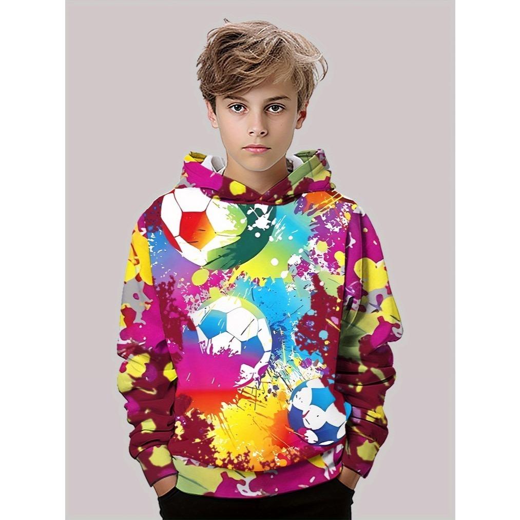 Boys' 3D digital printed splash football pattern hooded sweatshirt with bright color block design