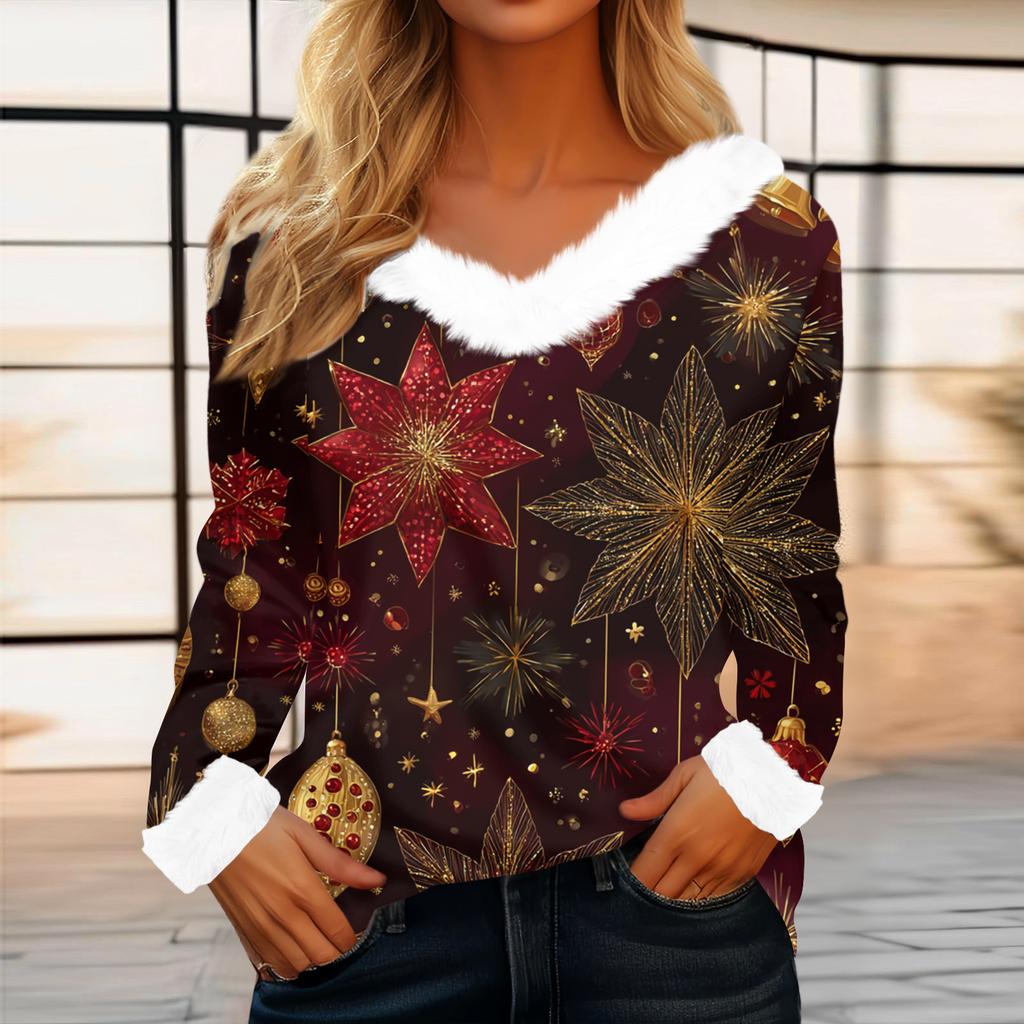 Women's Casual Fashion Long Sleeve Christmas Printed Flannel Collar Top