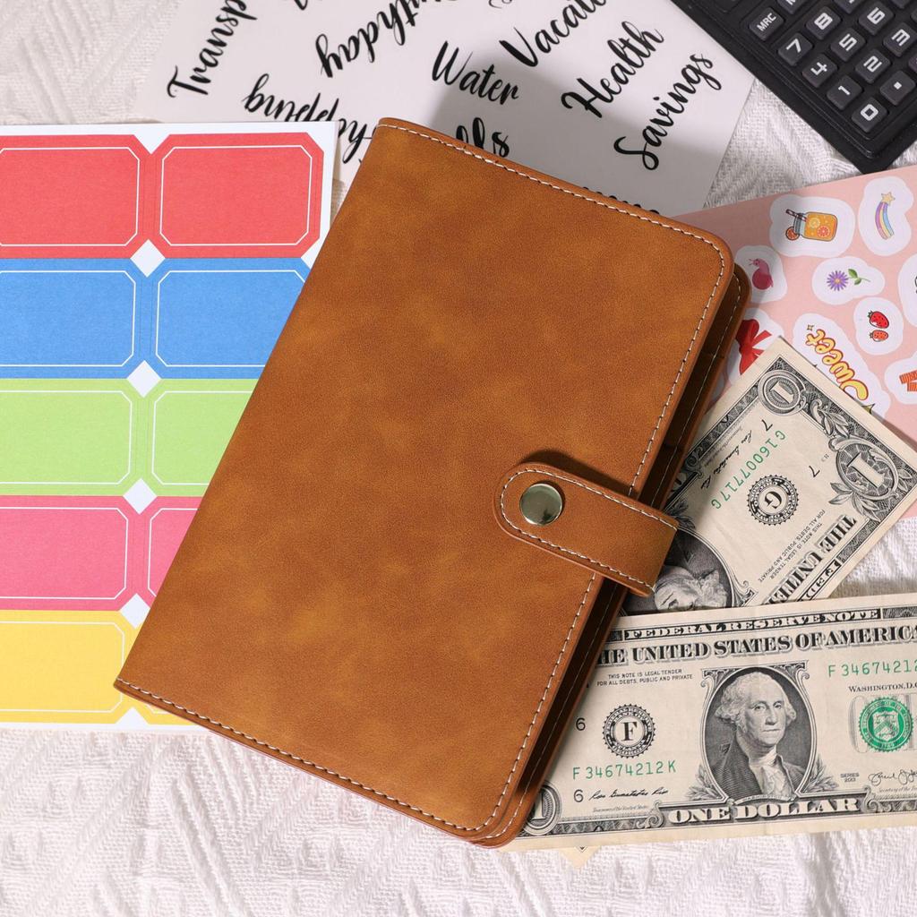 A6 Macaroon Leather Notebook Binder with 12 Refillable Zippered Pockets for Bills and Coins