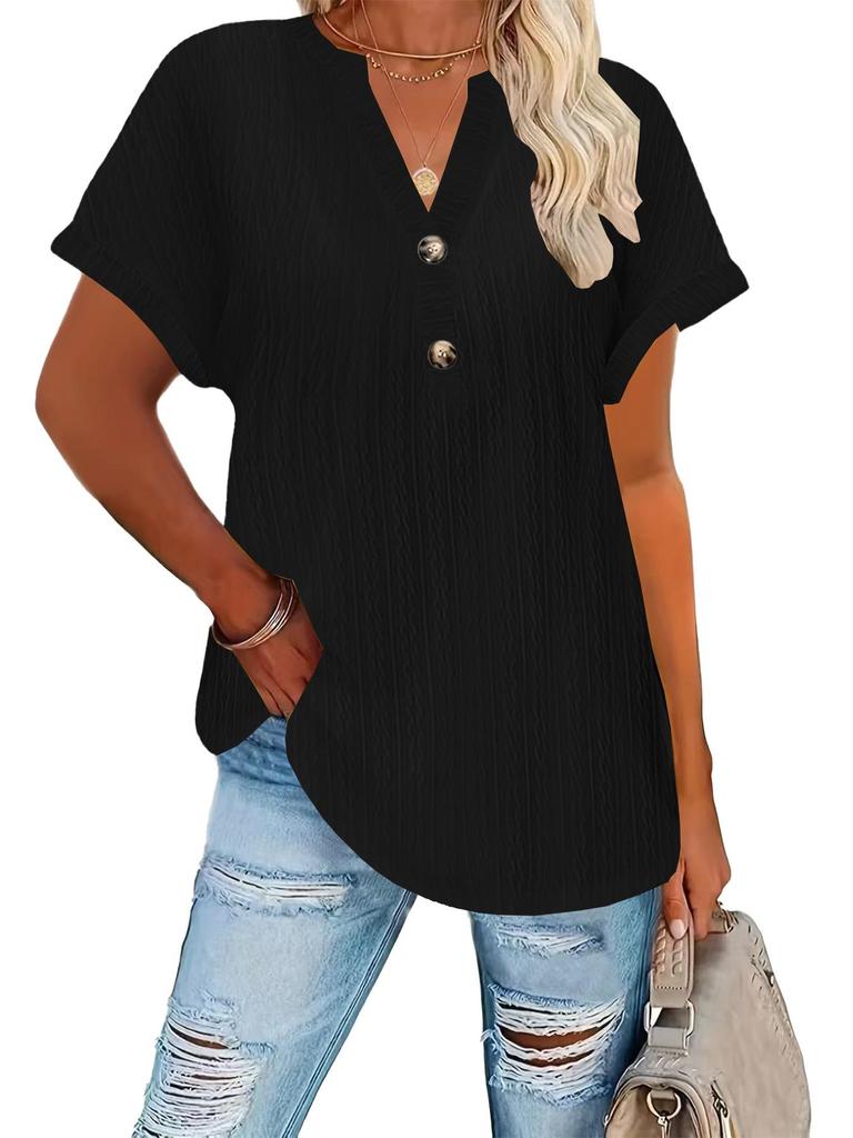 T-shirt Casual da Donna Colore Unico Scollo a V con Bottoni Moda Primavera/Estate 2026