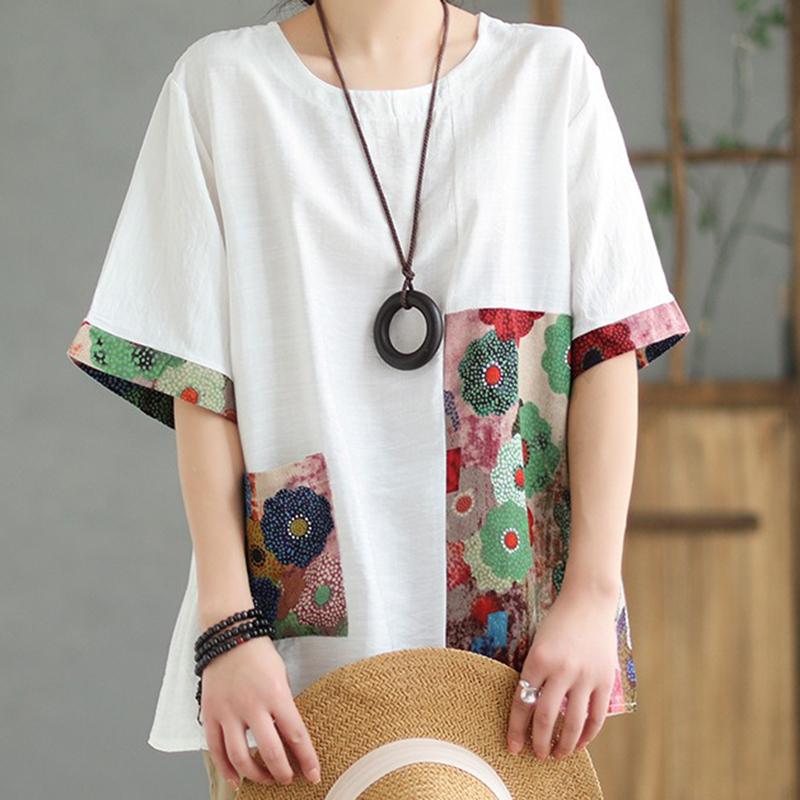 

Винтажная женская футболка с круглым вырезом и коротким рукавом, летняя хлопковая дышащая футболка с цветочным принтом в стиле пэчворк, свободная легкая удобная футболка для работы и отдыха 3XL белый