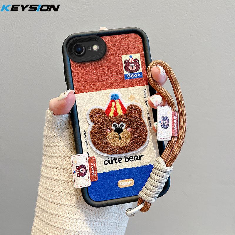 KEYSION Cartoon Cute Plush Embroidery Case for iPhone SE 2020 2022 with Lanyard Shockproof Phone Cover for iPhone 8 7 6s Plus