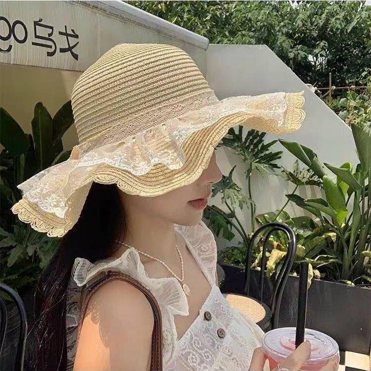 Summer Beach Outdoor Straw Hat Lace Bow Sunshade and Sun Protection Hat, UV Resistant Sun Hat for Children