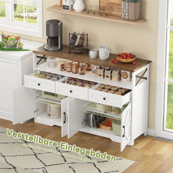 Coffee Bar Buffet Sideboard 140cm with Storage Space 3 Drawers Country Style Console Kitchen Cabinet Doors Cupboards Shelves Suitable for Kitchen