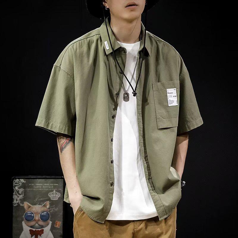 Men's Summer Loose Short Sleeve American Work Shirt, Trendy Japanese Retro Cardigan Button-Down, Plus Size Available.