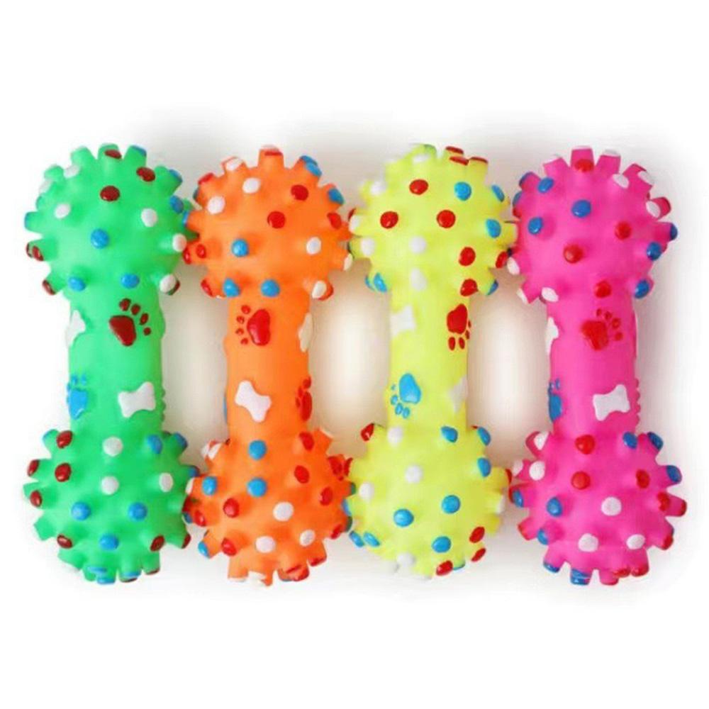 Dog Squeaky Chew Toy - Dumbbell Shape with Small Spikes, Rubber Pet Toy for Teething, Teeth Cleaning & Tartar Reduction,