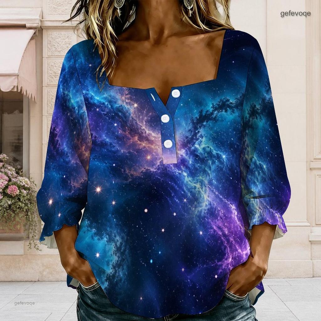 Womens Plus Size Square Neck Long Sleeve Front Button Elegant Loose Versatile Casual Ladies Blouse