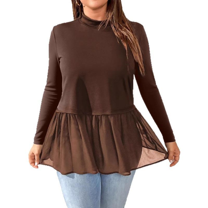 Plus Size Women S Long Sleeve Solid Color High Round Neck T Shirt