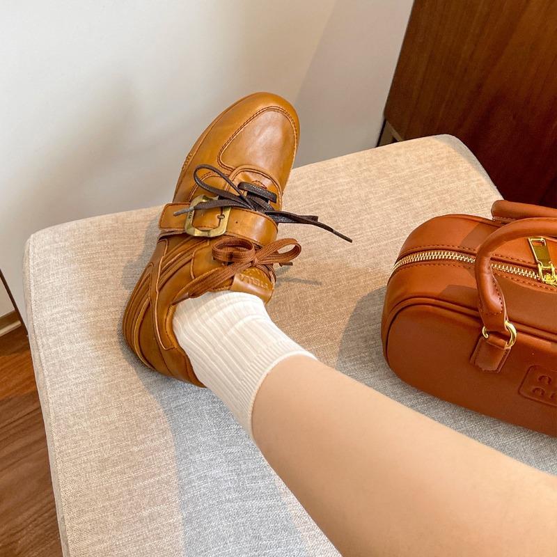 Cowhide~ Retro Double Shoelaces Inner Height-increasing Leather Shoes Women's Round Head Versatile Belt Buckle Casual Sports Ballet Shoes