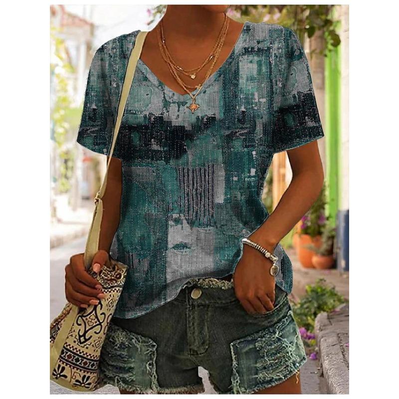 Loose Women's V-Neck Short Sleeve Graffiti Printed Casual Top T-Shirts Women’s