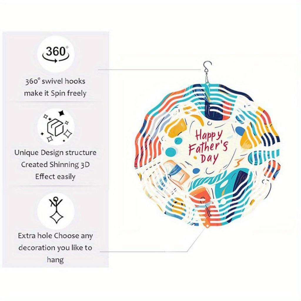 Open - 2D Mandala Wind Chime Happy Father's Day Pattern Metal Windmill, Dynamic Sculpture for Garden and Patio Hanging Decor, Durable Outdoor Artwork