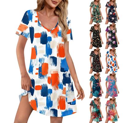 Women's Fashion Casual Printed With Pockets Bohemian Beach V-Neck Short Sleeve Dresses