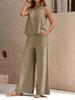 2025 Elegant Solid Color Two-Piece Set: Crew Neck Tank Top & Wide-Leg Pants for Women