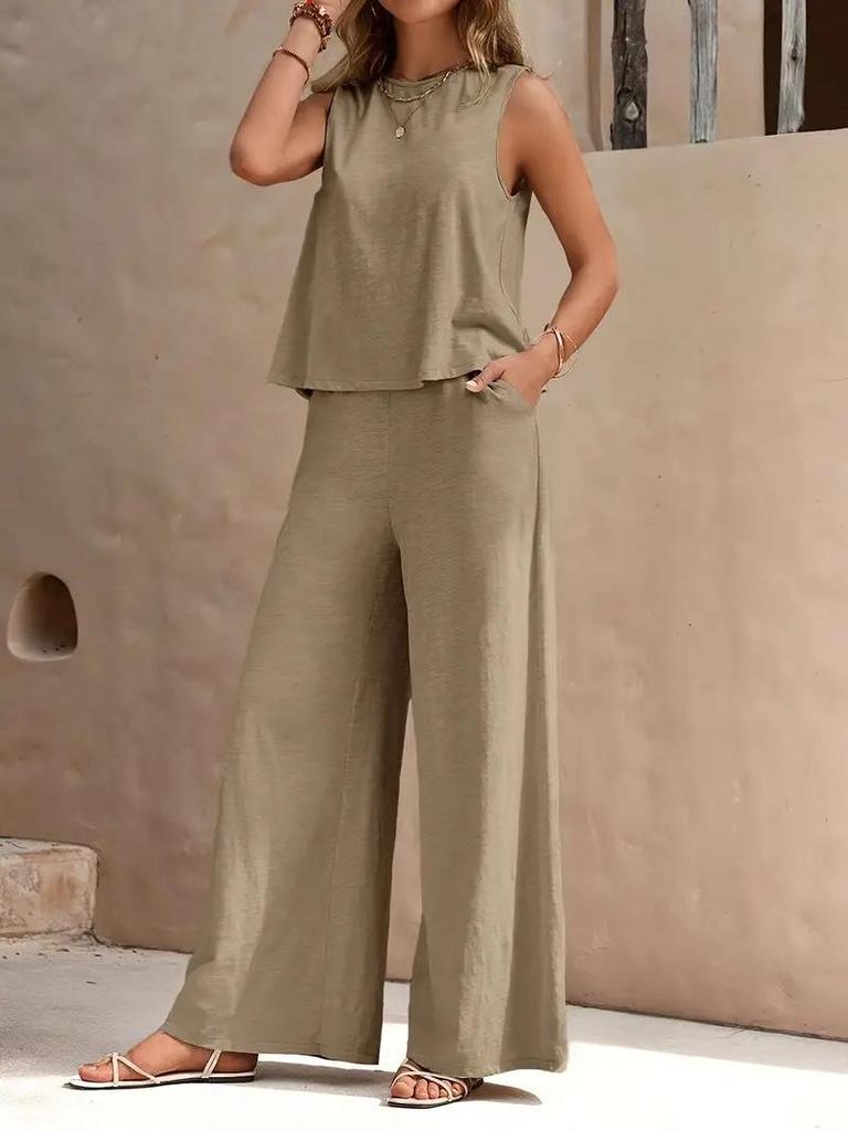 2025 Elegant Solid Color Two-Piece Set: Crew Neck Tank Top & Wide-Leg Pants for Women