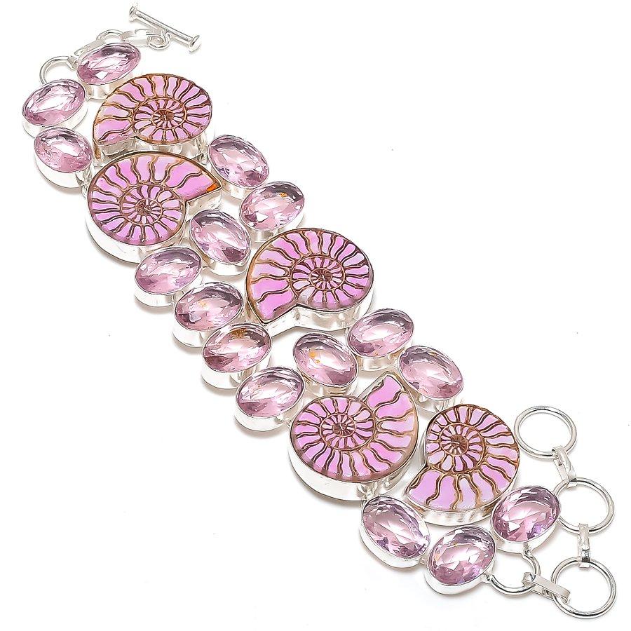 

Ammonite Fossil, Kunzite Gemstone 925 Sterling Silver Bracelet 7-8 M1m09