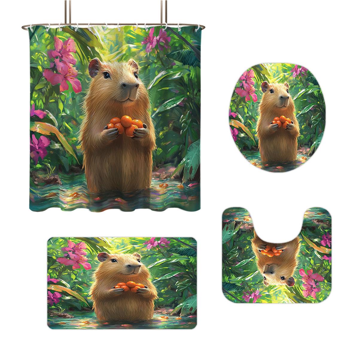 

4pcs Pufferfish Print Bathroom Set 180x180 Waterproof Shower Curtain With 12 Hook Type Floor Mats, Toilet Mats, U-Shaped Mats 4pcs
