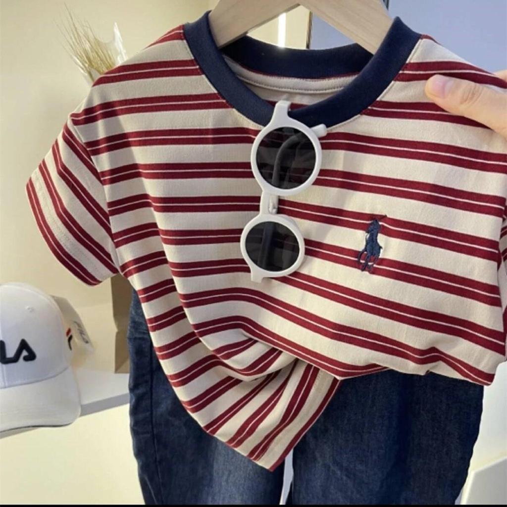 Ice Silk Cotton Striped Heart Short Sleeve Baby Top - Unisex Summer 2025