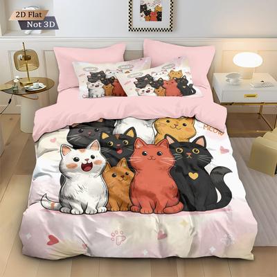 3pcs Cartoon Cute Cat Printed Coreless Down Duvet Cover Set, Multi Size Bedroom Bedding Decoration, Machine Washable