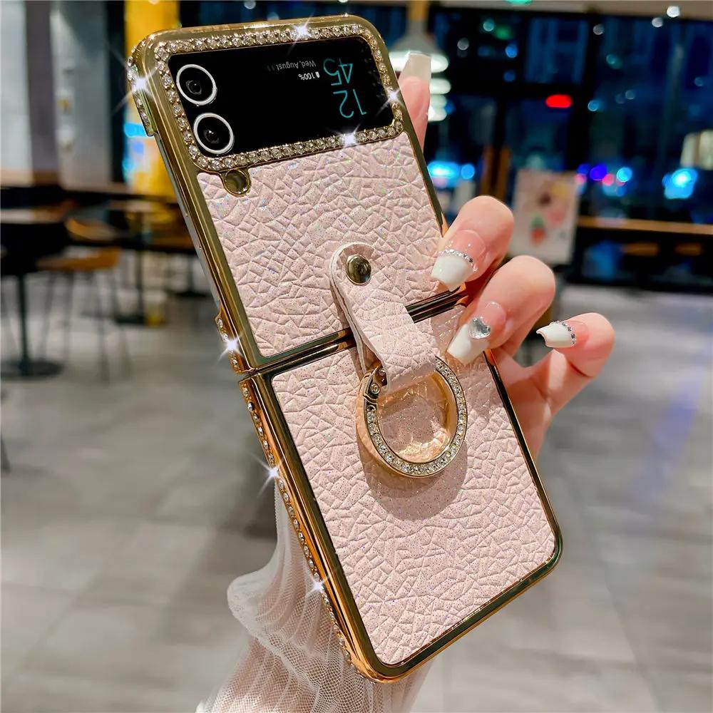 For Samsung Z Flip 6 Ring Holder PU Leather Plating Case For Samsung Galaxy Z Flip 6 Z Flip 5 4 3 Bling Diamond Shockproof Cover