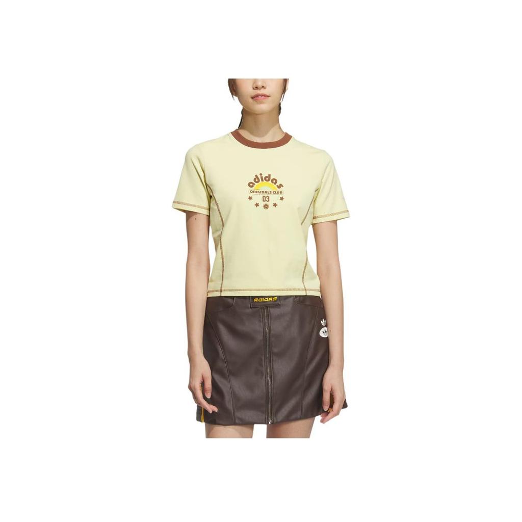 adidas Originals Retro Sport Camp Crop Fitted Round Neck Fashion Soft Versatile Short Sleeve Regular T-Shirt Women Tops Powder-Yellow JX6571