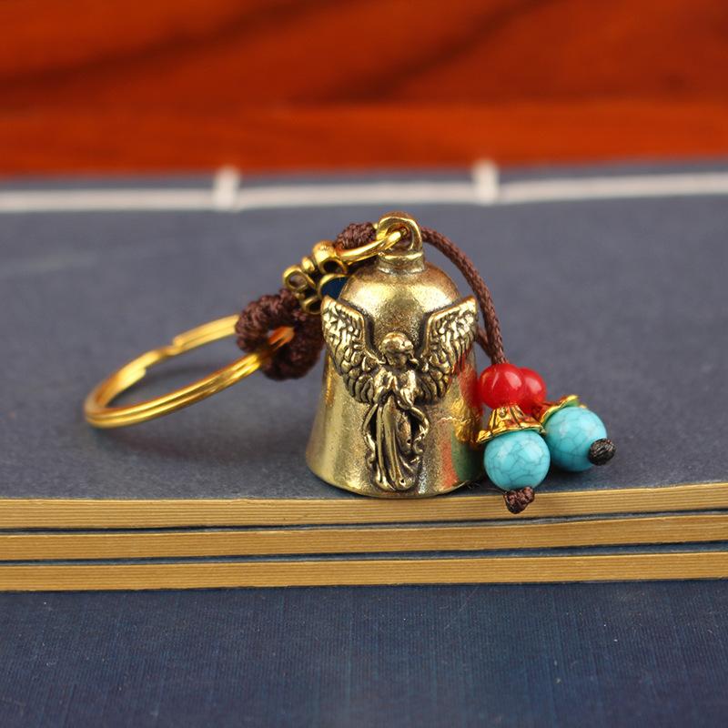 Vintage Vintage Brass Bell Wings Decoration Guardian Bell Keychain Angel Relief Hanging Decor