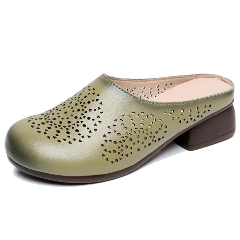 Dámské zelené sandály 2024 letní pohodlné platformové sandály pravá kůže nazouváky vyřezávané zvýšení protiskluzové módní dámské boty