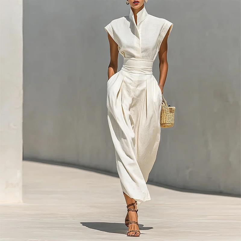 Spring new women s clothing, European and American, fashion temperament elegant solid color waist dress S белый
