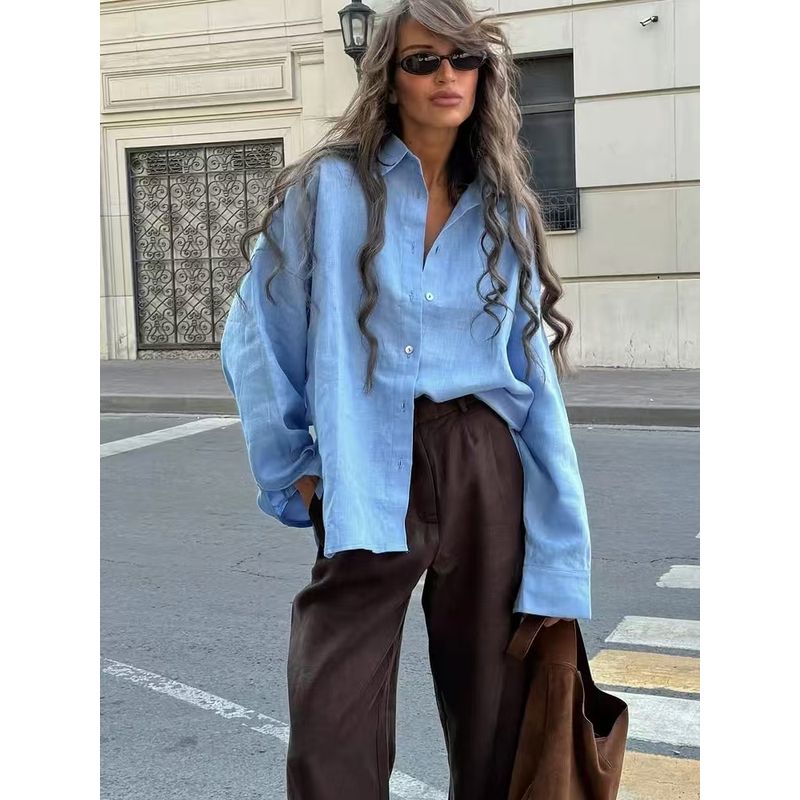 

Fashion New Fashion Casual Loose Long Sleeves Shirt Long Sleeve Loose Fitting Shirt Sky Blue L