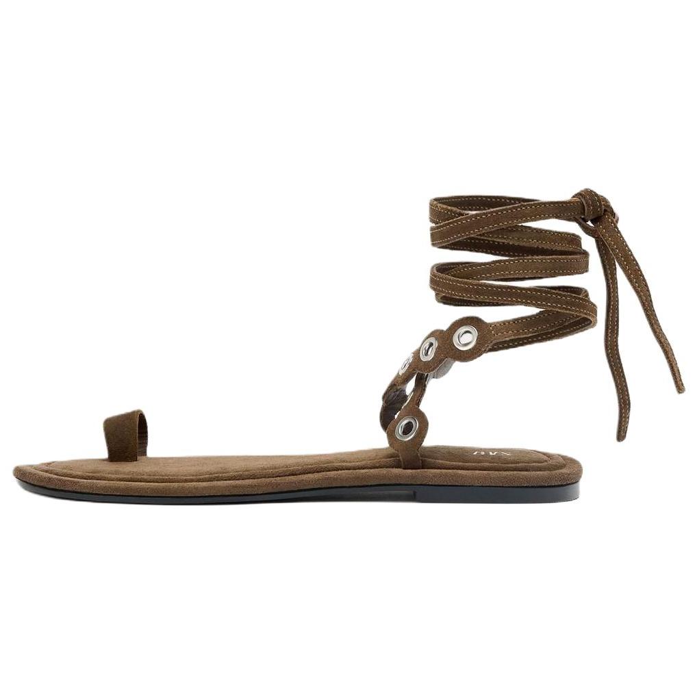 Zara Suede Toe Post Gladiator Lace Up Flat Sandals Brown Women 3640510700 38