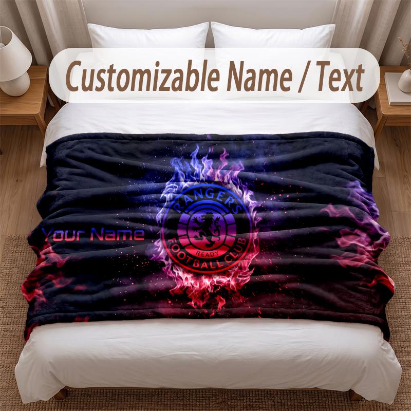Rangers FC Printed Flannel Blanket Custom Name Text Soft Warm Throw For Bedroom Holiday Gift