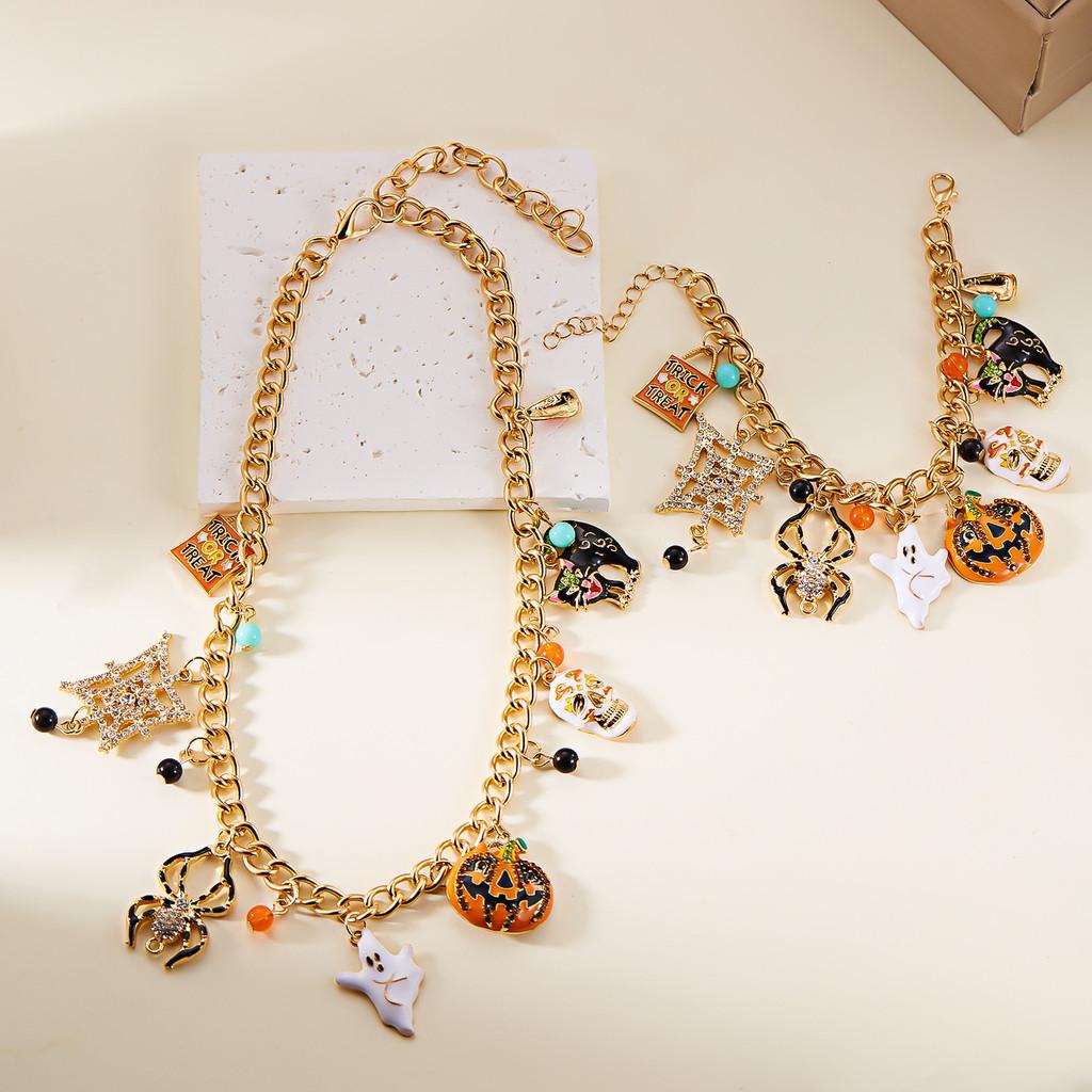 Halloween Pumpkin Ghost Spider Alloy Jewelry Set With Chain For Men Women