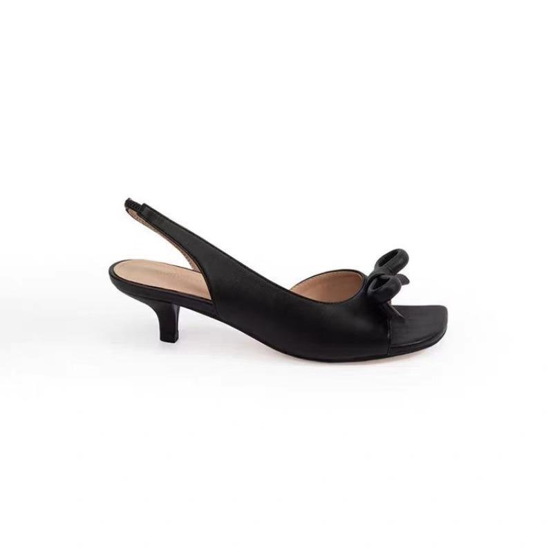 Heel high French square head bow empty open-toed sandals women's outer wear summer beautiful high heels