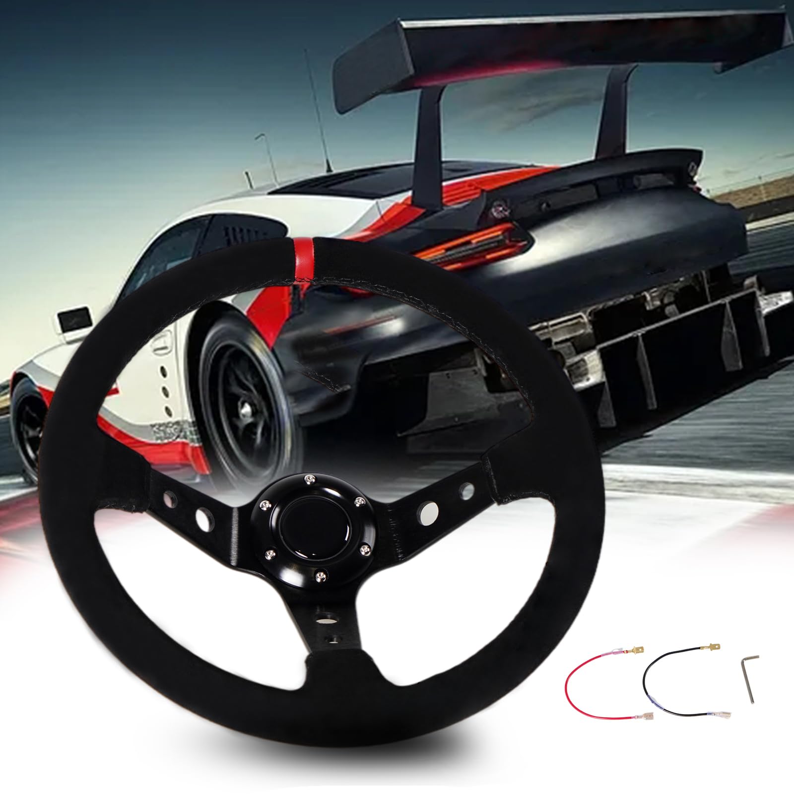 

VEHSUN 35mm Deep Cone Steering Wheel with Black Lightweight Sport Lychee and Horn Button Spokes, Aluminum, Style, Pattern, (Red, Suede-Red)