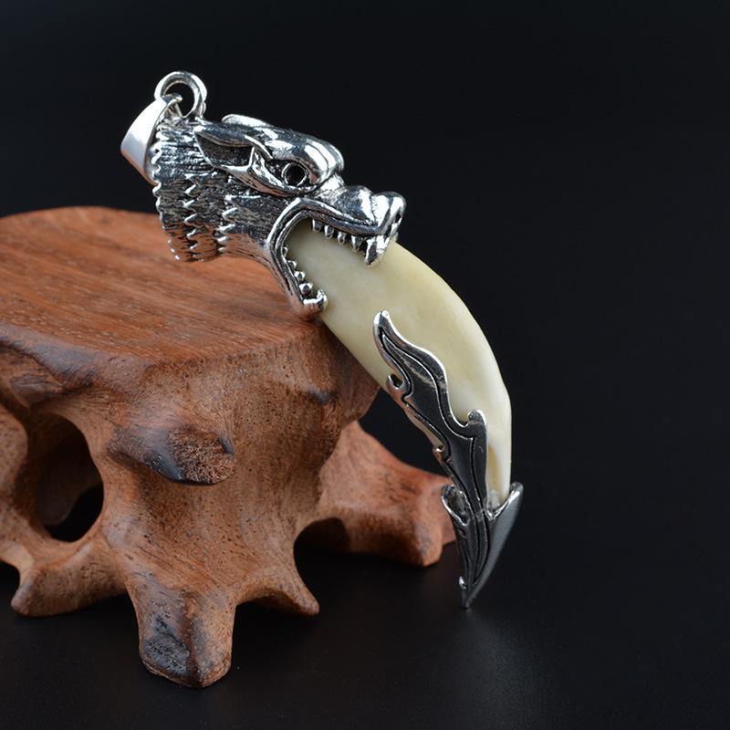 Sterling Silver Wolf Tooth Pendant Necklace: Real Wolf Dog Tooth Tip, Men's & Women's Retro Tibetan Silver Long Necklace.