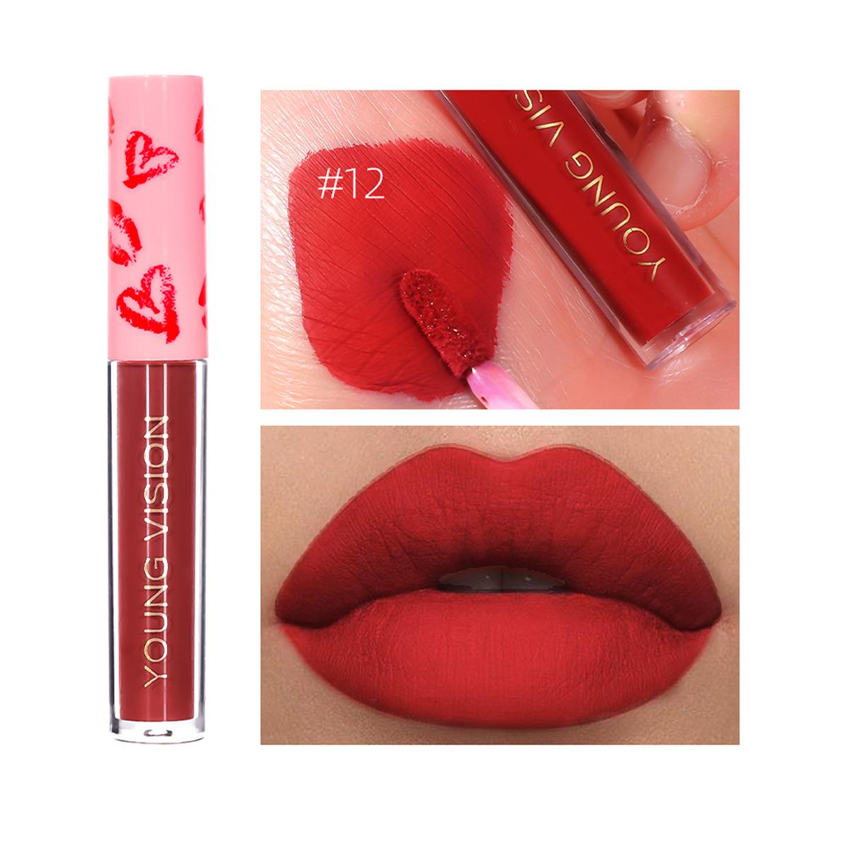 

12-цветный одинарный матовый бархатный блеск для губ, блеск для губ, нелегко обесцветить, жидкая помада, инструмент для макияжа 12