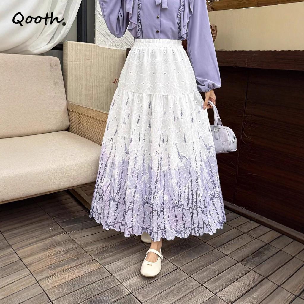 Qooth Embroidered A-Line Maxi Skirt French Romantic Floral Print QT2852