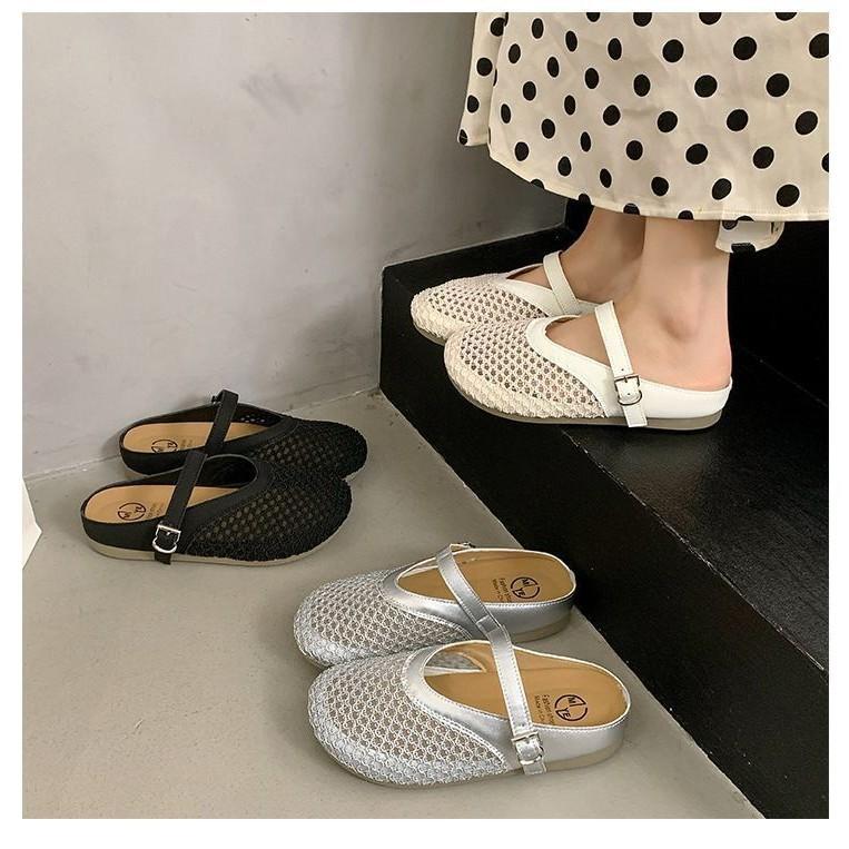 Hollow Woven Bag Head Half Slippers Women's Summer Wear 2025 New Flat-bottomed Breathable One-pedal Hole Shoes Sandals