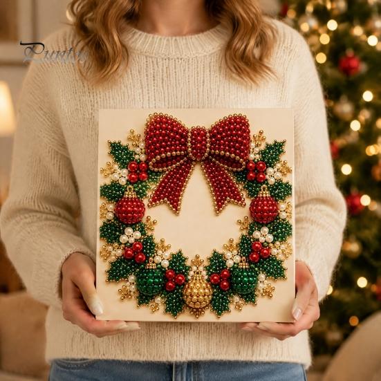 DIY Faux Pearl Art Crafts Christmas Kit, Santa Snowy Cottage Painting Kits for Adults 3D Bead Craft Set Adults, Home Winter Holiday Wall Decor Indoor
