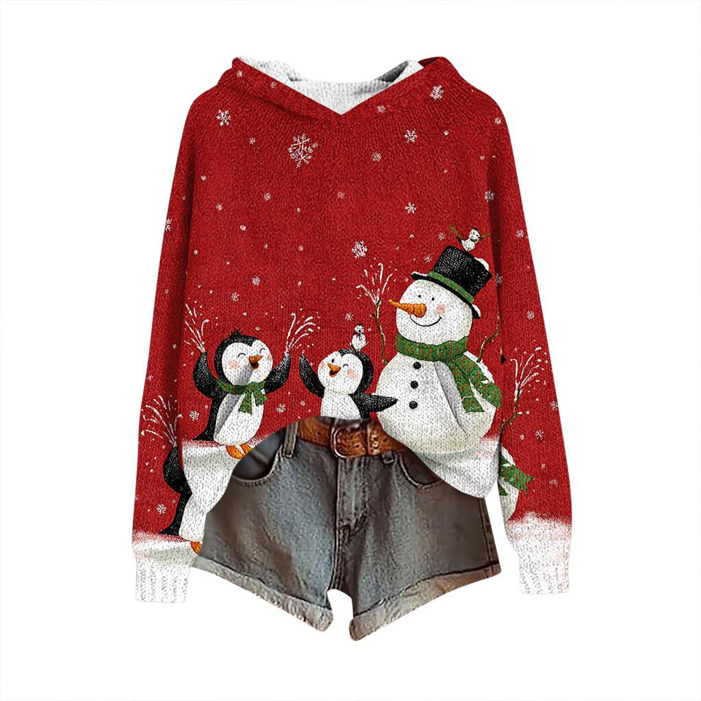 Women's Fashion Casual Long Sleeve Christmas Print Hooded Knitted Sweatshirt